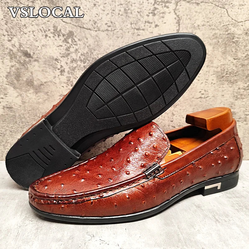 Luxury Brand Men Loafers Shoes Black Brown Ostrich Print Pointed Toe Slip-on Casual Mens Dress Shoes Slip on Loafers Men
