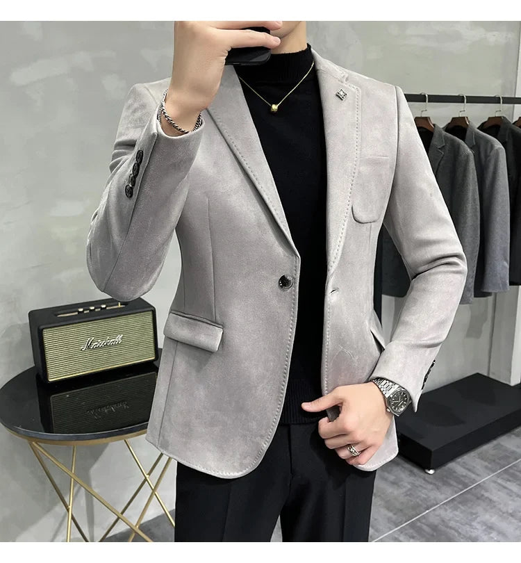 Plus Size 4XL-M Autumn Deerskin Velvet Jackets Blazer 6 Color Men Business Slim Blazers Hommes Casual Wedding Tuxedo Suit Coat