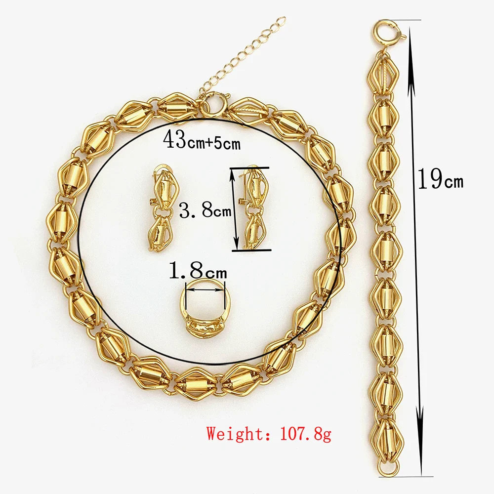 Dubai Nigeria Jewelry Set For Women Classic Design Beads Necklace Earrings Ring Bracelet 18K Gold Plated 4Pcs Set Jewelry