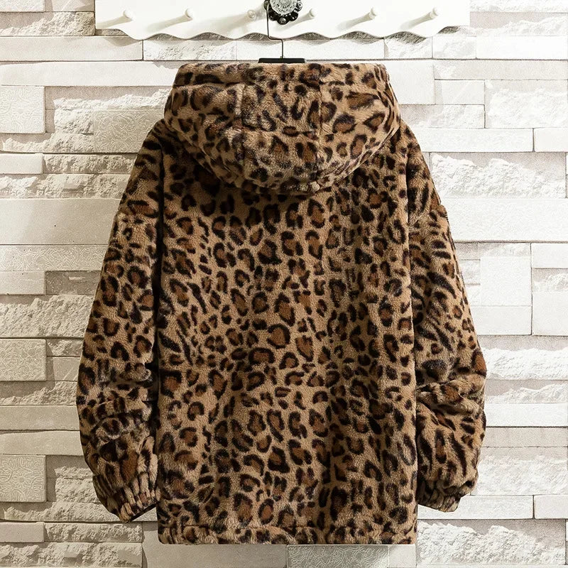 2024 Men's Leopard Print Handsome Imitation Mink Hooded Jacket Fleece-Lined Warm