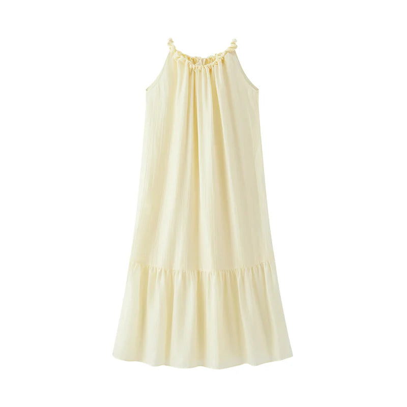Women Dress Bowknot Textured Halter Neck Vacation A Line Maxi 2026 Summer Romantic Fresh Elegant Soft Comfy Holiday Top