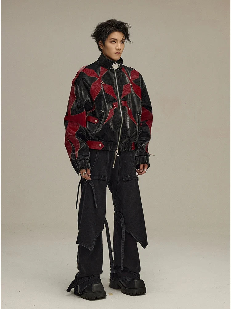 Spring Autumn Cool Handsome Crocodile Print Patchwork Pu Leather Jacket Men Color Block Luxury Designer Clothes 2024