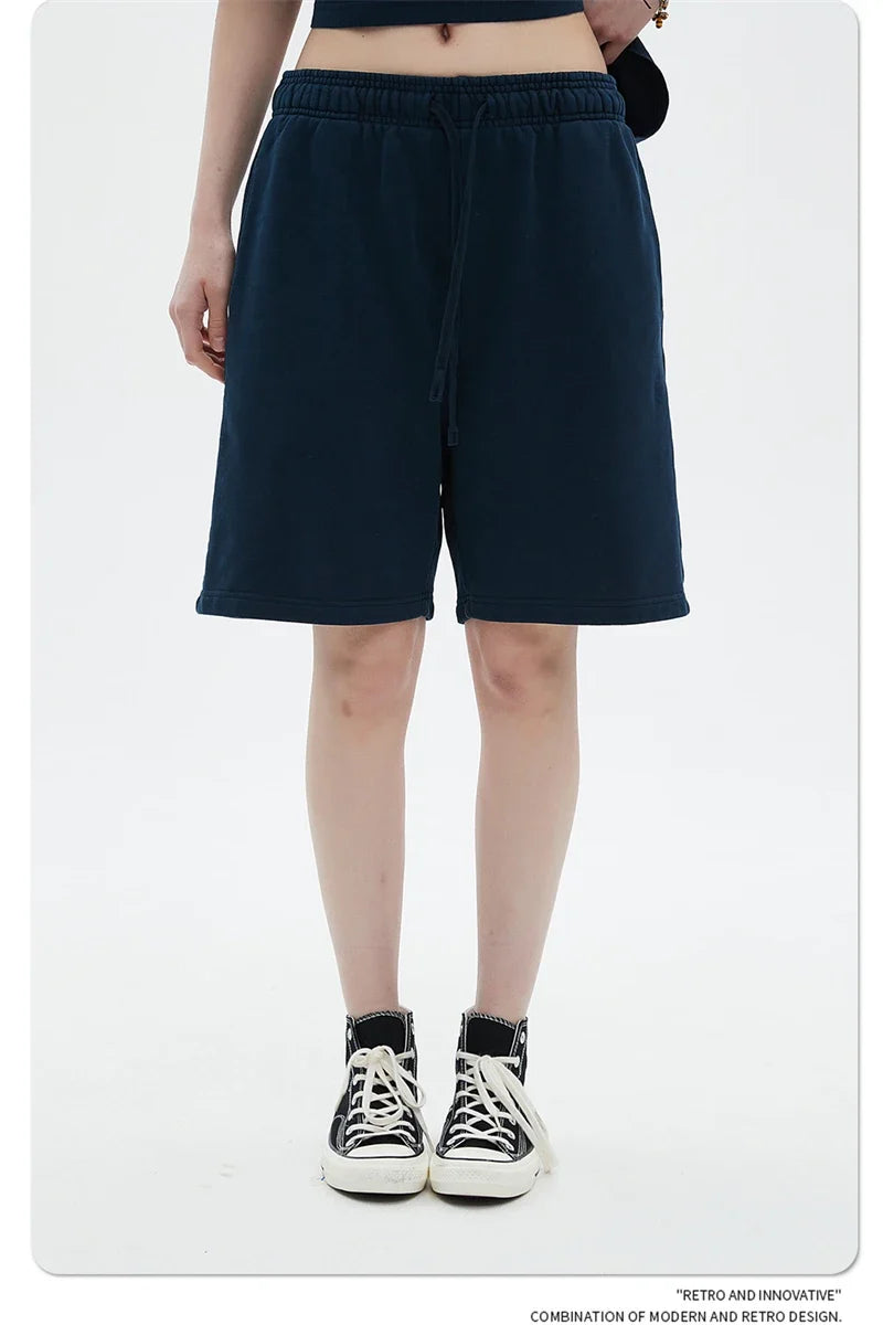 Fashion Summer Men 420gsm Washed Cotton Shorts Retro Unisex High Street Terry Knee Length Short Pants Streetwears HY0845