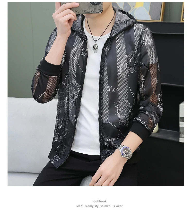 Men's Summer Mesh Sun Protection Clothing Trendy Stripe Print Ice Silk Cool Feeling Breathable Quick Dry Hooded Jacket