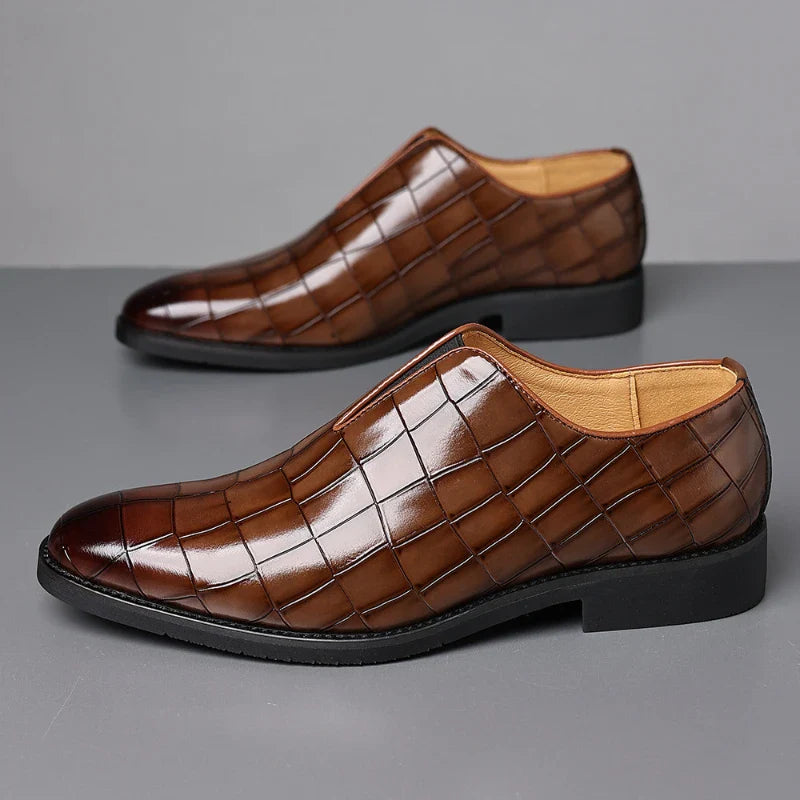 Mens Classic Temperament Brown Crocodile Embossed Leather Loafers Slip On Formal Dress Shoes For Business Office And Casual Wear