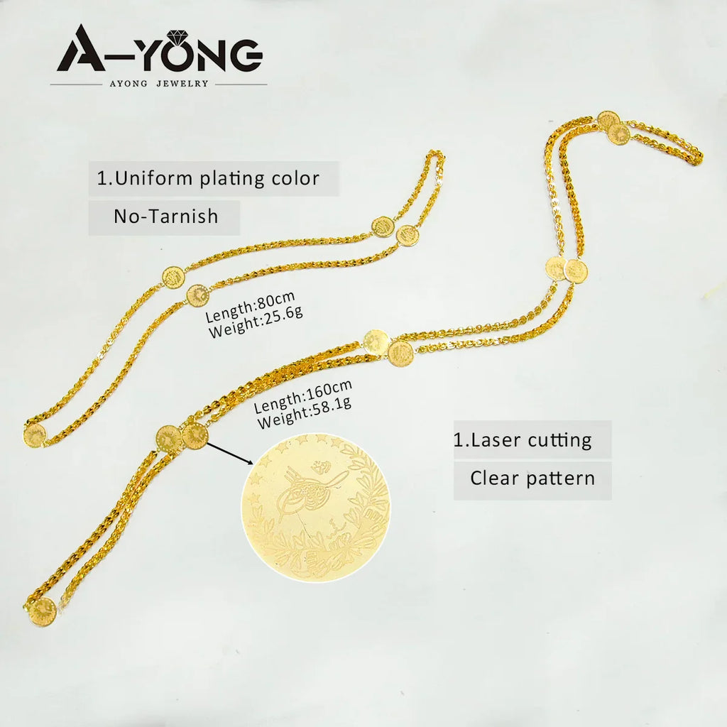 Luxury Arabic Long Necklace 21k Gold Plated 80cm 160cm Italian Vintage Chains Dubai Muslim Women Wedding Party Jewelry Gifts