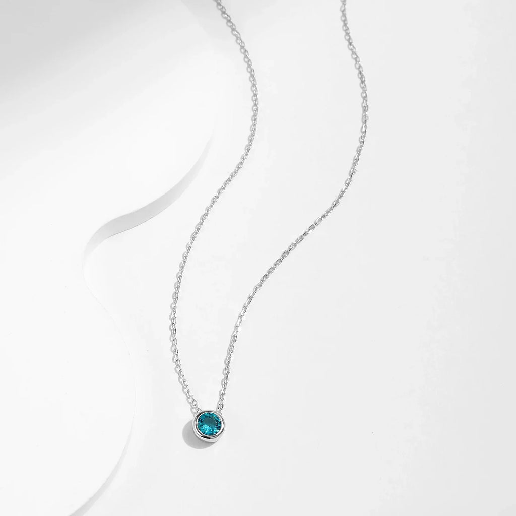 925 Sterling Silver Teal Round Zirconia Pendant Necklace White Gold Plated Neck Link Chain For Women Party Jewelry Gift