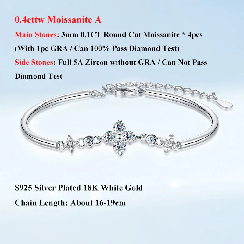 Lucky Clover GRA Certified 0.4cttw Moissanite Diamond Link Bracelet for Women 925 Silver Hand Chain Adjustable Bracelets