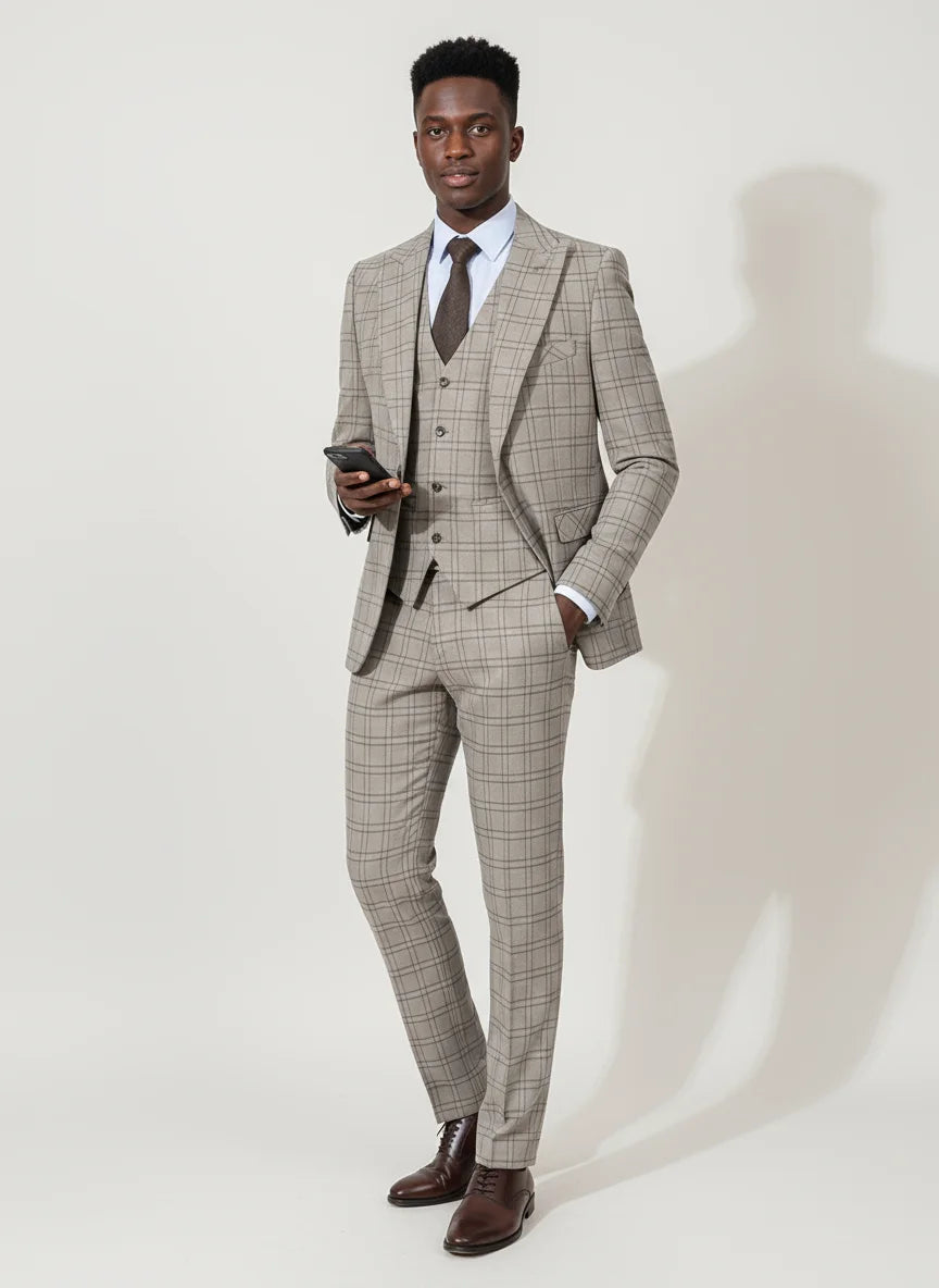 Stylish Checkered Suit 3 Piece Set Men Business Casual Wedding Outfit Slim Fit man suits