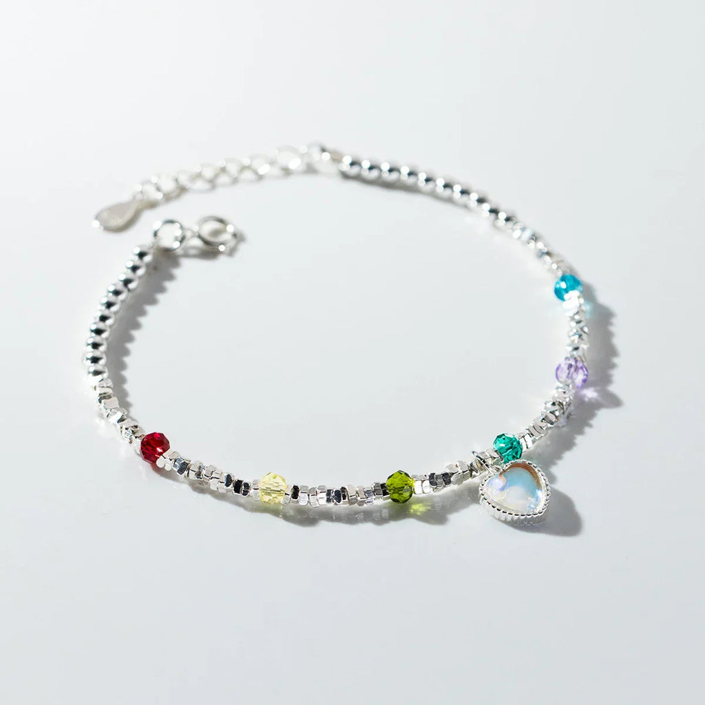 925 Sterling Silver Rainbow Color Crystal Beads Bracelet Charm Heart Moonstone Link Chain Bracelets For Women Jewelry