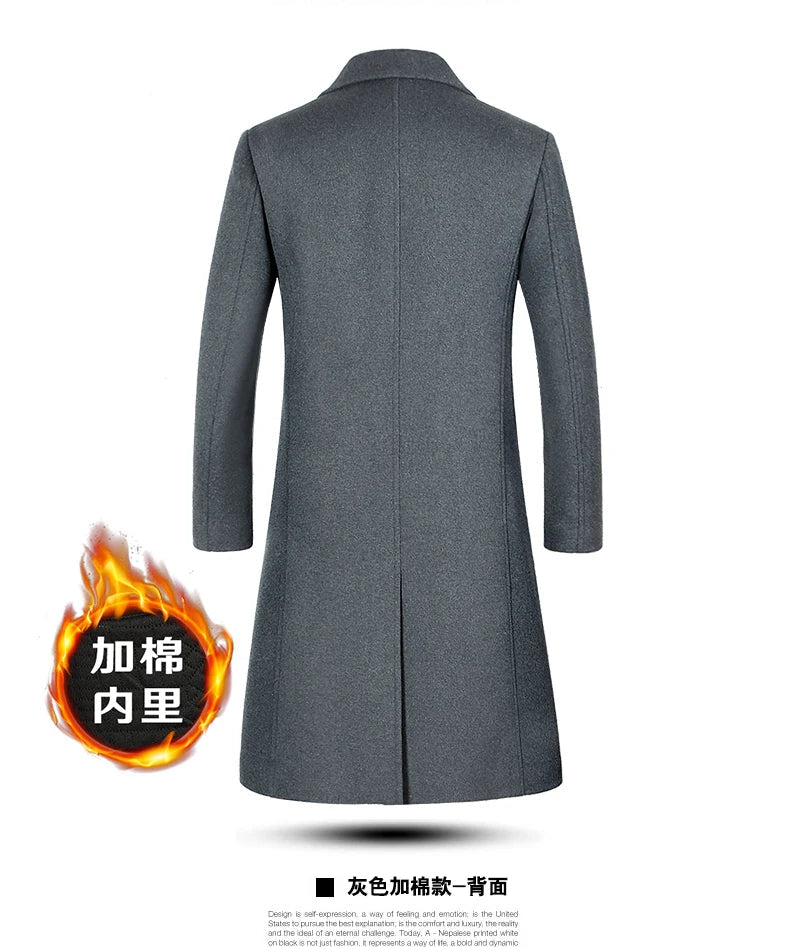 Men's High-Quality Autumn Winter Wool Coat Long Fashion Trench Coat Over-the-Knee Thick Cotton M-4XL