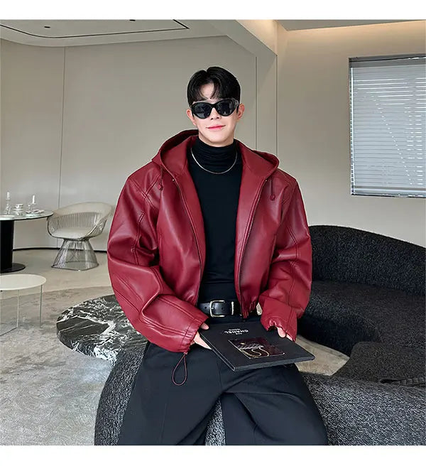 Spring Autumn Short Waterproof Black Pu Leather Jacket Men Hood Zipper High Waist Loose Casual Korean Fashion 2025