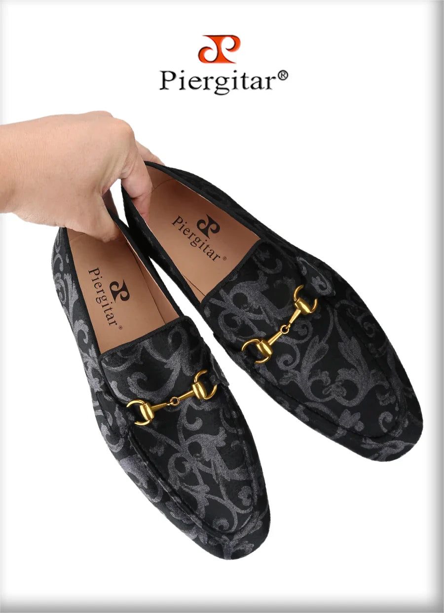 Piergitar Retro Style High-End Custom-Made Baroque Jacquard Velvet Men's Loafers With Horsebit Buckle Slip-On Smoking Shoes