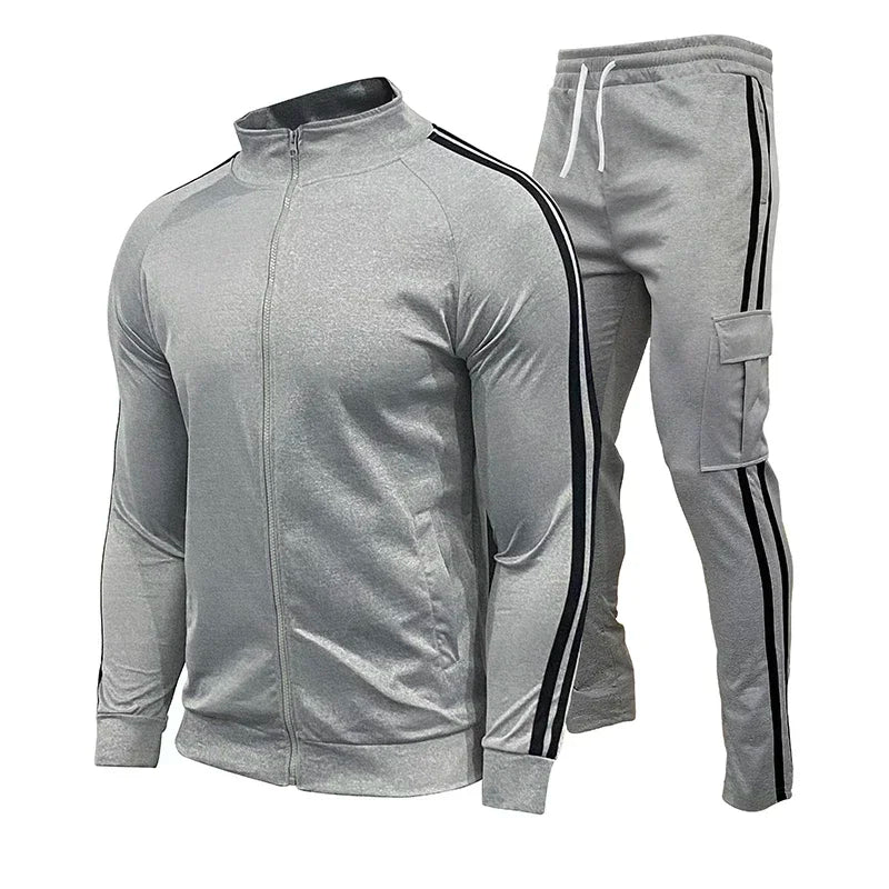 Spring and Autumn Men's Cardigan Striped Stand up Collar Sports Set Outdoor Jogging Cycling Mountaineering Two Piece Set