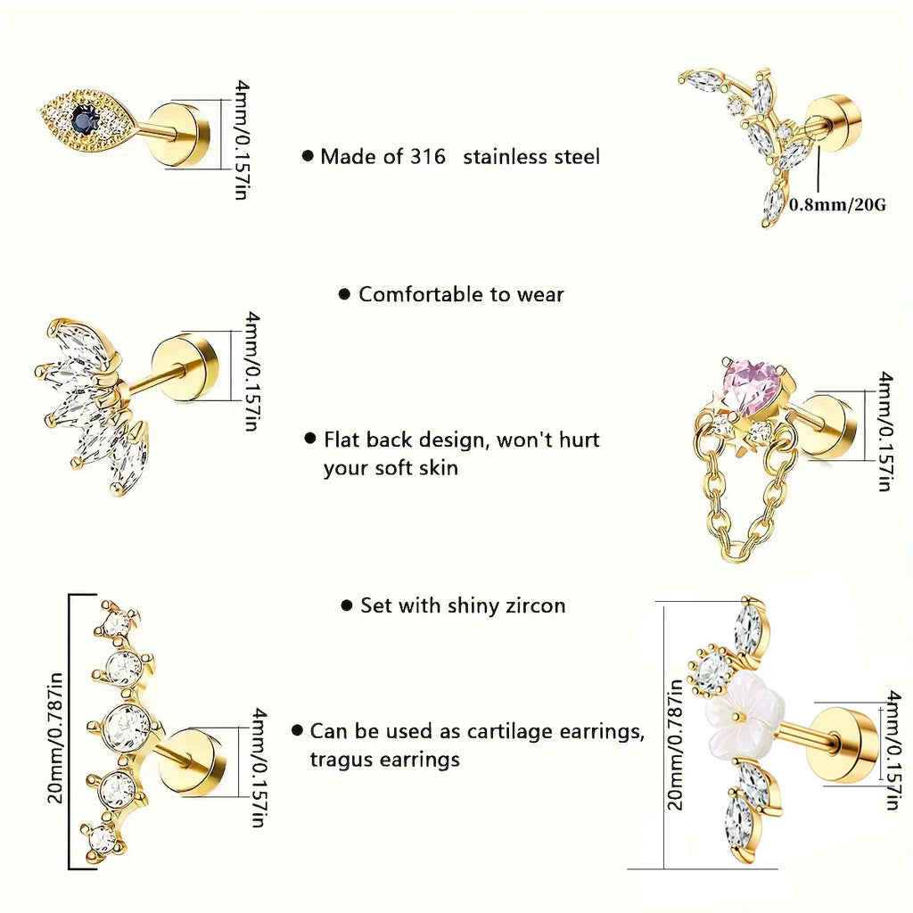 6Pcs 316 Stainless Steel Flat Back Spiral Ear Skull Stud Earrings,Shiny Cubic Zirconia Chain Screw Stud Piercing Jewelry Gifts