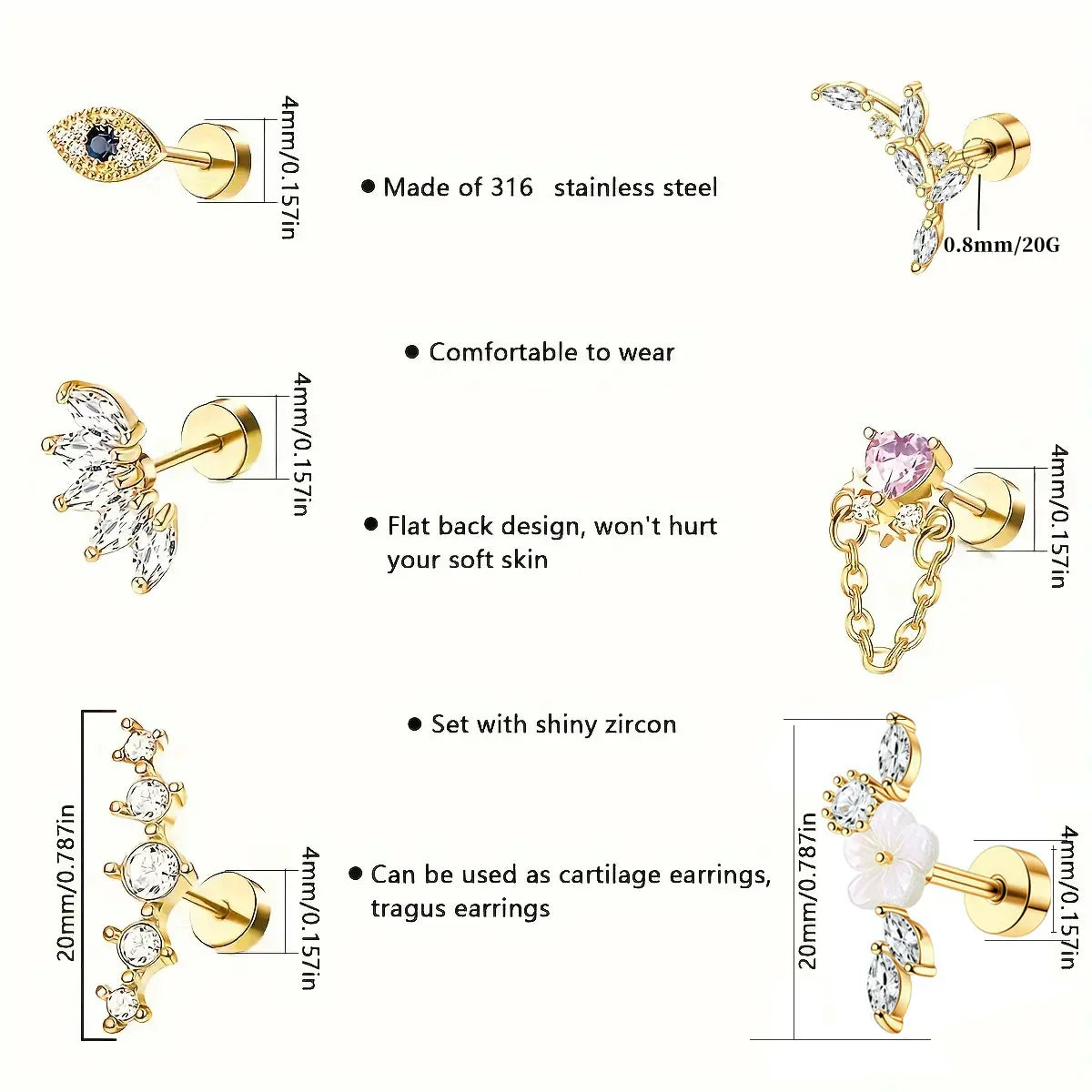 6Pcs 316 Stainless Steel Flat Back Spiral Ear Skull Stud Earrings,Shiny Cubic Zirconia Chain Screw Stud Piercing Jewelry Gifts