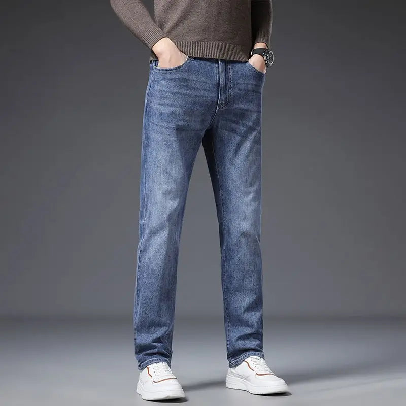 Korean Fashion Men's Soft Stretch Slim Fit Jeans Business Casual Straight Denim Pants Classic Brand Washed Blue Gray Trousers