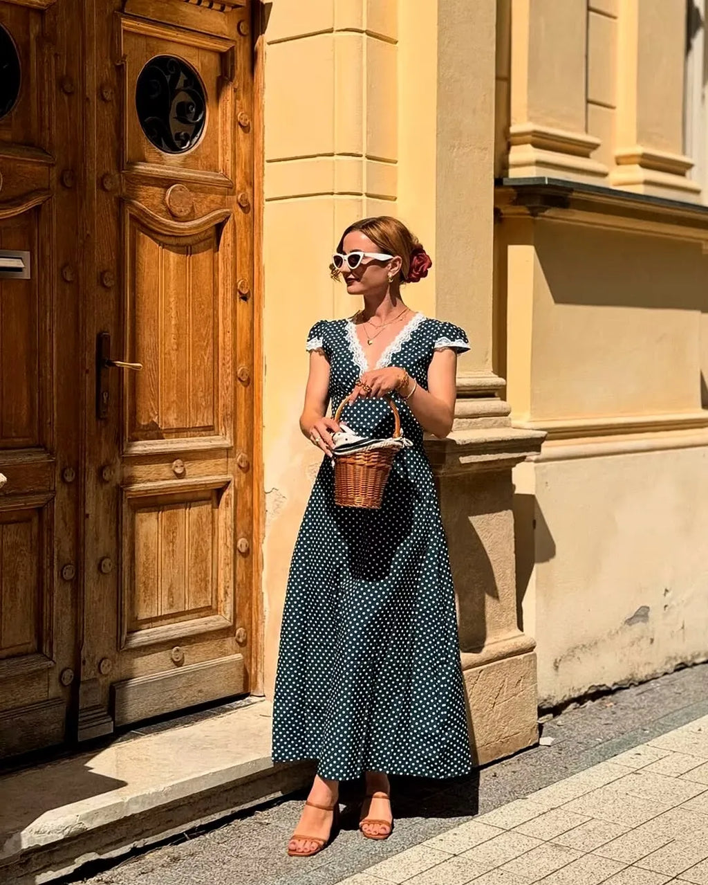 2025 Women Navy Blue Polka Dot Long Dress Lace Trim V Neck Short Sleeve A-line Elegant Holiday Dresses Summe Maxi Robe