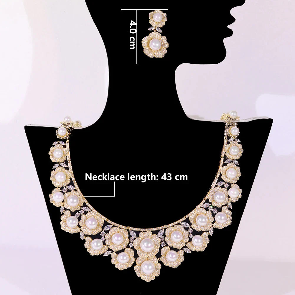 High Quality Zircon Pearls Jewelry sets Luxury Designer Flower Necklace Women Sparkling Dubai Bridal Party Costume Accessories