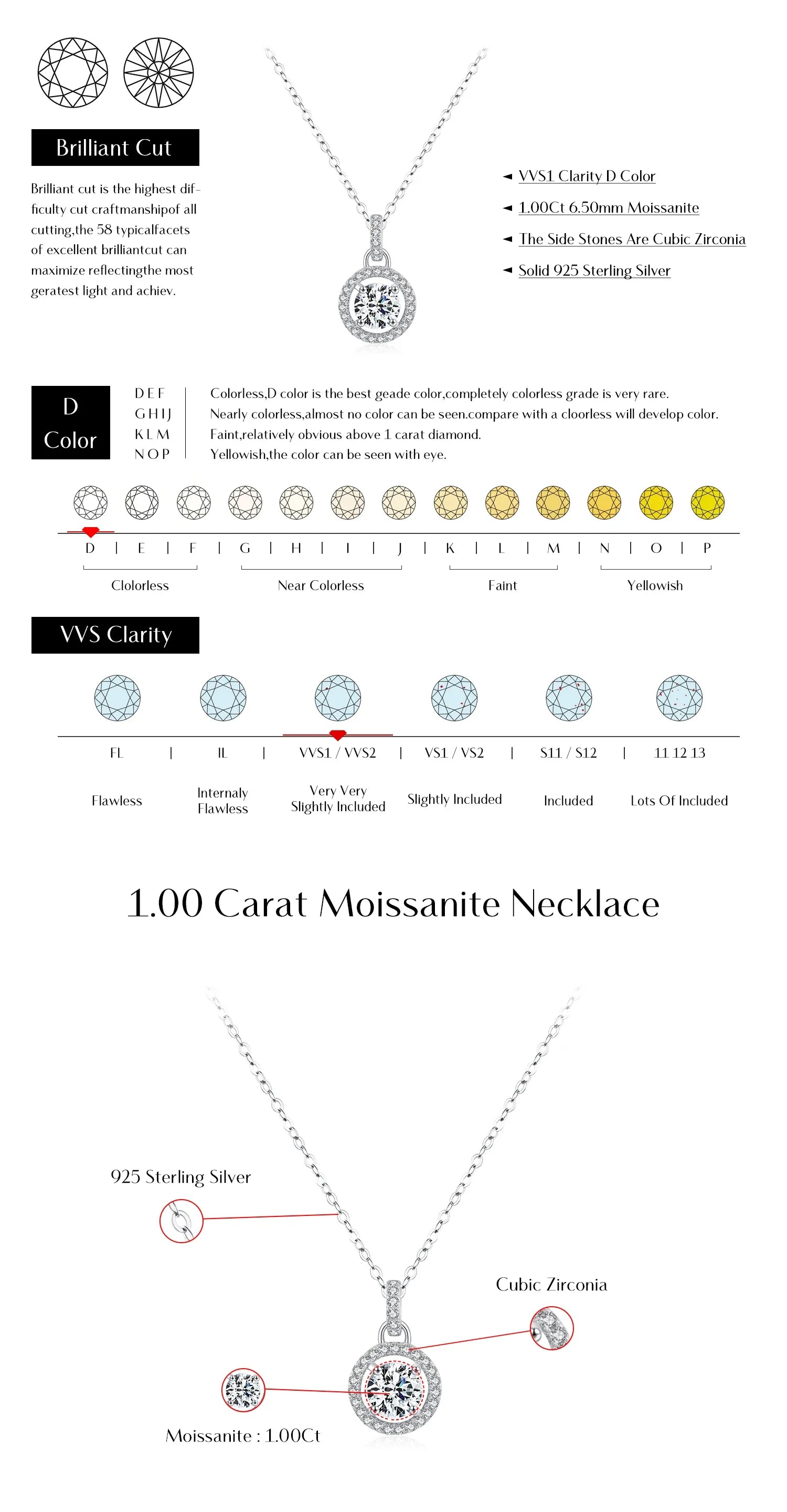 1 Carat D color Moissanite Pendant Necklace For Women 925 Sterling Silver Wedding Bridal Fine Jewelry With Certificate