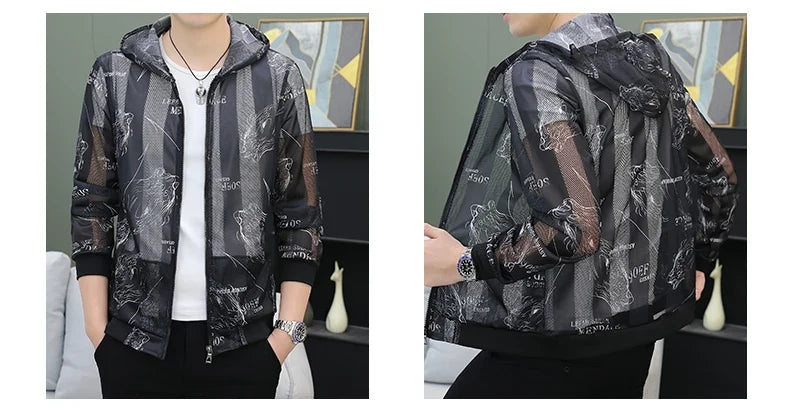 Men's Summer Mesh Sun Protection Clothing Trendy Stripe Print Ice Silk Cool Feeling Breathable Quick Dry Hooded Jacket