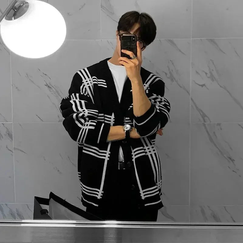 Men's Clothing Cardigan Jacket V Neck Coat Knit Sweater Male Plaid Elegant Casual Long Sleeve 100% Korean 2025 Autumn Classic A