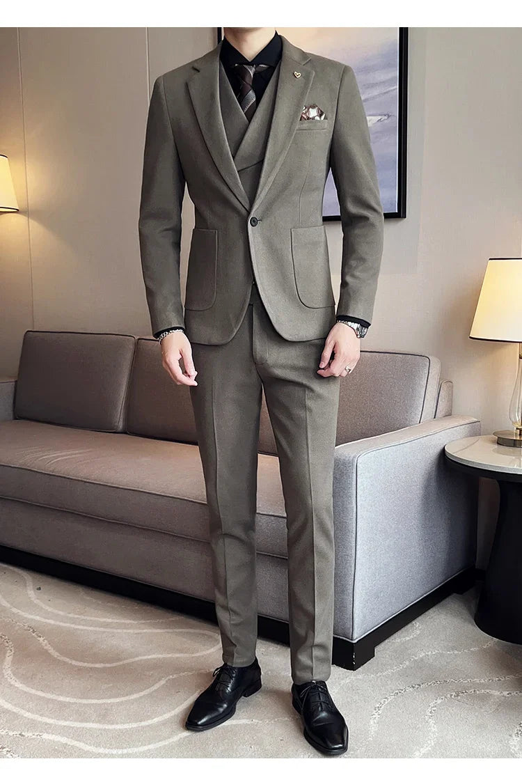 2025 Autumn Winter New Thickened Warm Woolen Blazer Set for Men Korean Version Slim Fit Groom Best Man Wedding Suit Formal Wear