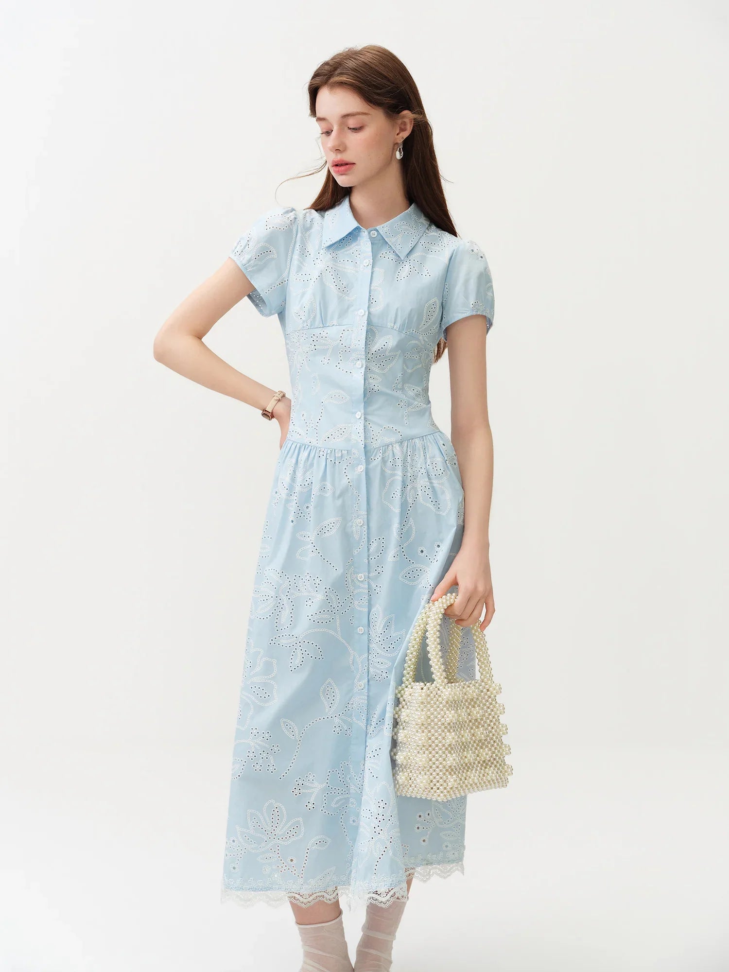 Women's Light French Style Cotton Lapel Hollow-out Print Waist-Fitted Short Sleeve Shirt Dress 2026 Summer New Arrival