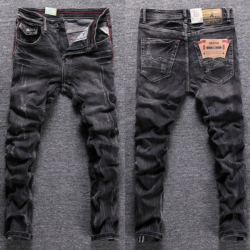 Men Jeans Retro Black Gray Elastic Slim Ripped Jeans