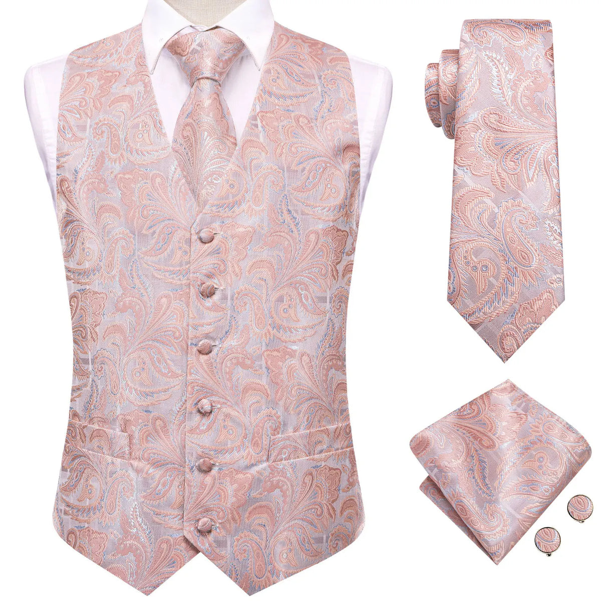 Wedding Coral Pink Mens Vest Silk Tie Set Adjustable Jacquard Waistcoat Jacket Necktie Hanky Cufflinks Formal Party Gifts