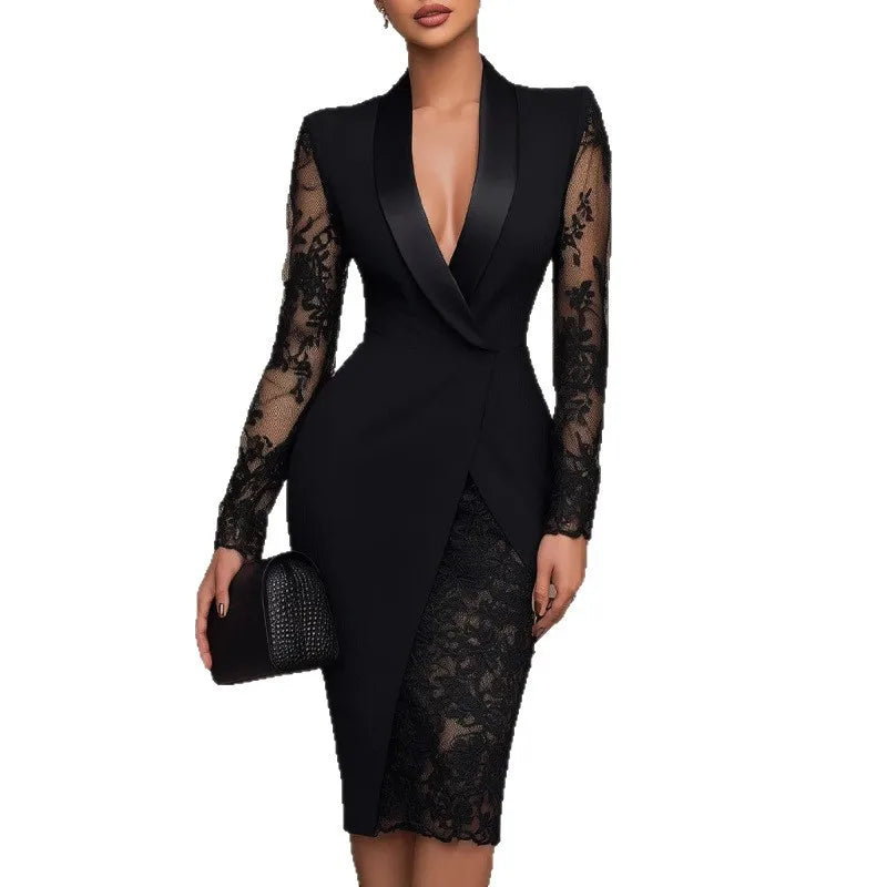 2026 Sexy Black Lace Women's Slim Fit Dress Spring Fashion V-neck Long Sleeved Hip Hugging Dresses Ladies High Waist Party
