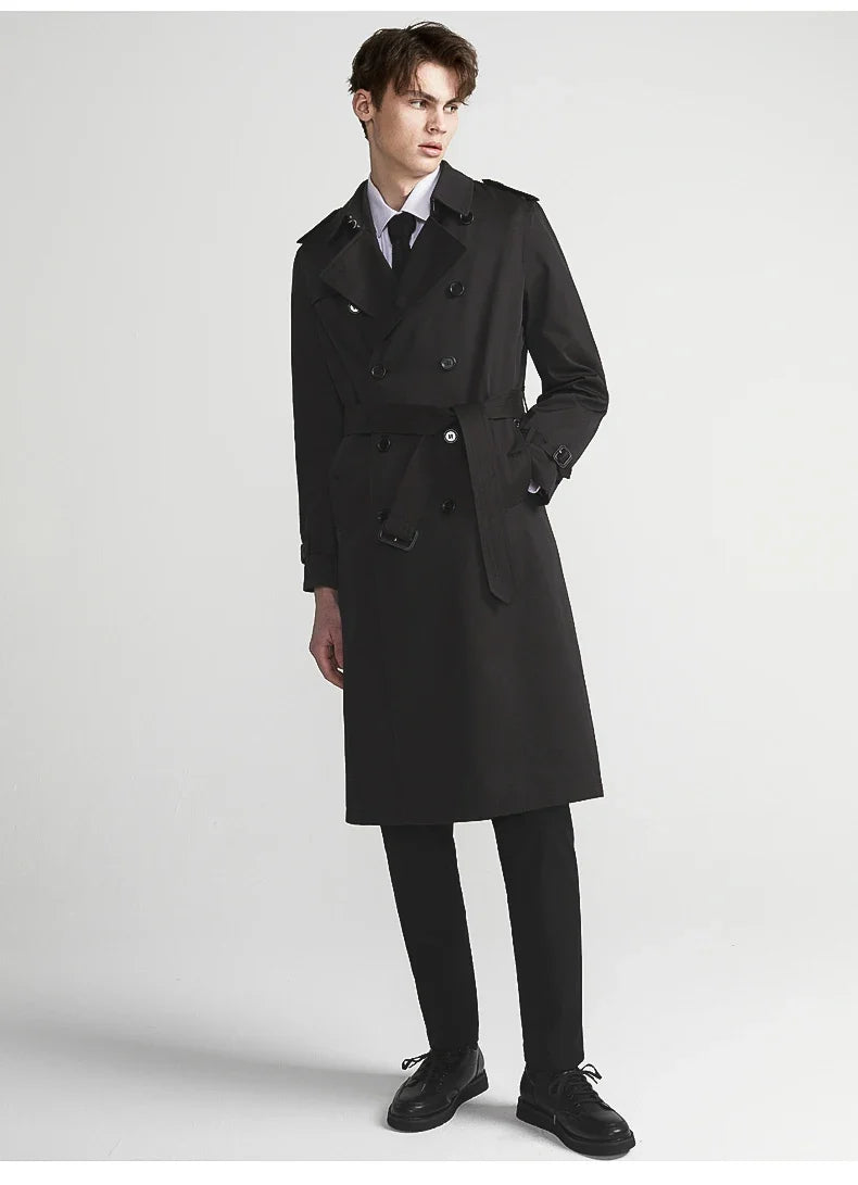 Spring Autumn Long Chic Khaki Trench Coat Men Belt Double Breasted Elegant Luxury British Style Black Overcoat 2025