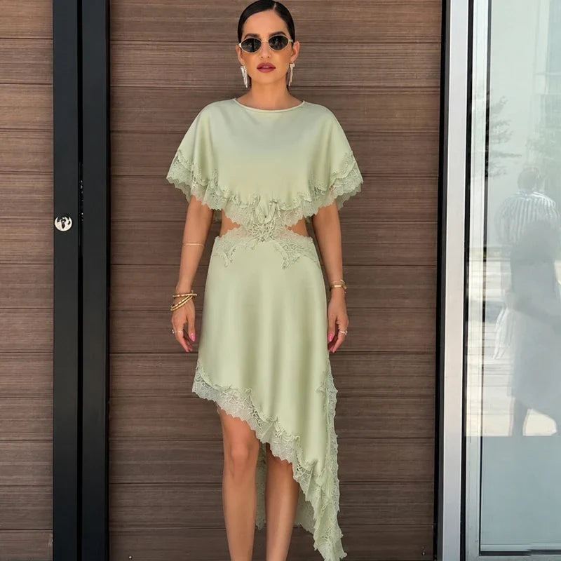 Cut Out Black Dress Woman Asymmetrical Lace Midi Dress Cape Sleeve Elegant Party Dresses Women Sexy Luxury Cocktail Dress