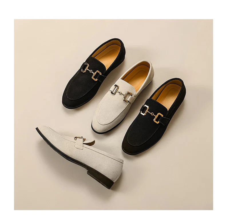 Fashion Brand Men Suede Leather Shoes Black Beige Horsebit Loafers Slip on Formal Mens Dress Shoes Wedding Office Casual Shoes