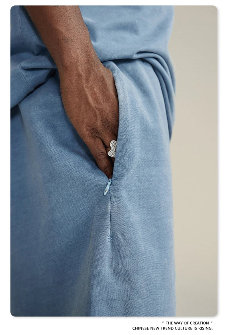 New Summer Men Retro Washed Shorts Unisex Drawstring Loose Edge 420gsm Solid Knee Length Cotton Pants Streetwears HY0589
