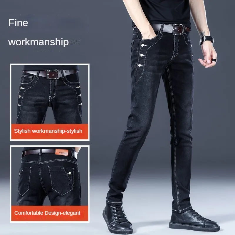 Stylish Black Luxury Men's Punk Fashion Comfortable Stretch Jeans