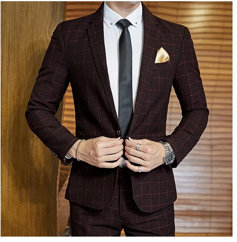 2025 Suit (Blazer+ Pants) Men's Boutique Fashion, Business Gentleman, Slim Fit, Outdoor Wedding, Plaid Trend, Banquet Suit