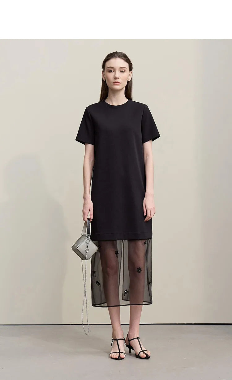 Long Dresses 2026 Autumn New Round Neck Short Sleeve Patchwork Women's Dress Removable Organza Elegant Dress Women 12651024