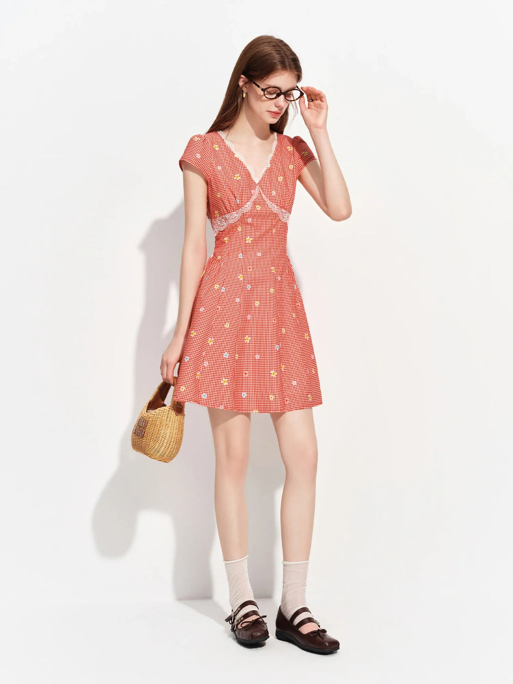 Women's 2026 Summer New Arrival French Pastoral Style V-Neck Lace Spliced Embroidered Dress Openwork Floral Plaid Pattern