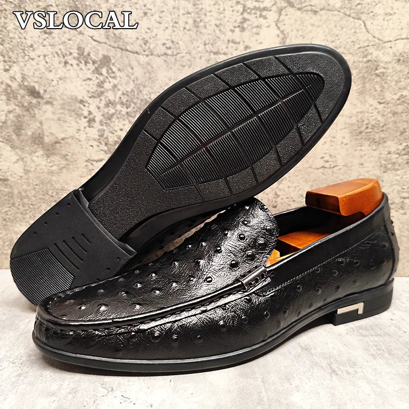 Luxury Brand Men Loafers Shoes Black Brown Ostrich Print Pointed Toe Slip-on Casual Mens Dress Shoes Slip on Loafers Men