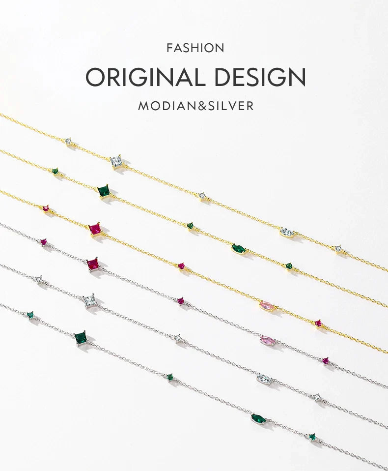 925 Sterling Silver Rainbow Colorful Zirconia Pendant Necklace Shiny Geometric Chain Neck For Women Party Jewelry Gift