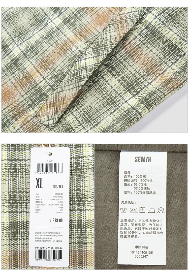 Outerwear Men 2024 Spring New Patchwork Contrast Color Checkered Top Detachable Hooded Fashionable