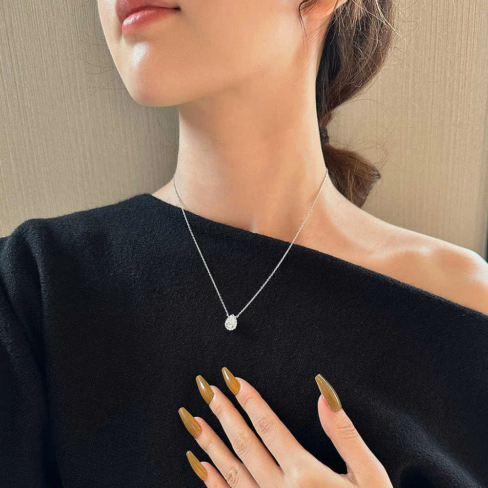 Certified 1/2 Carat Pear Cut Moissanite Pendant Necklaces 925 Sterling Silver Tear Drop Halo Diamond Neck Chain for Women