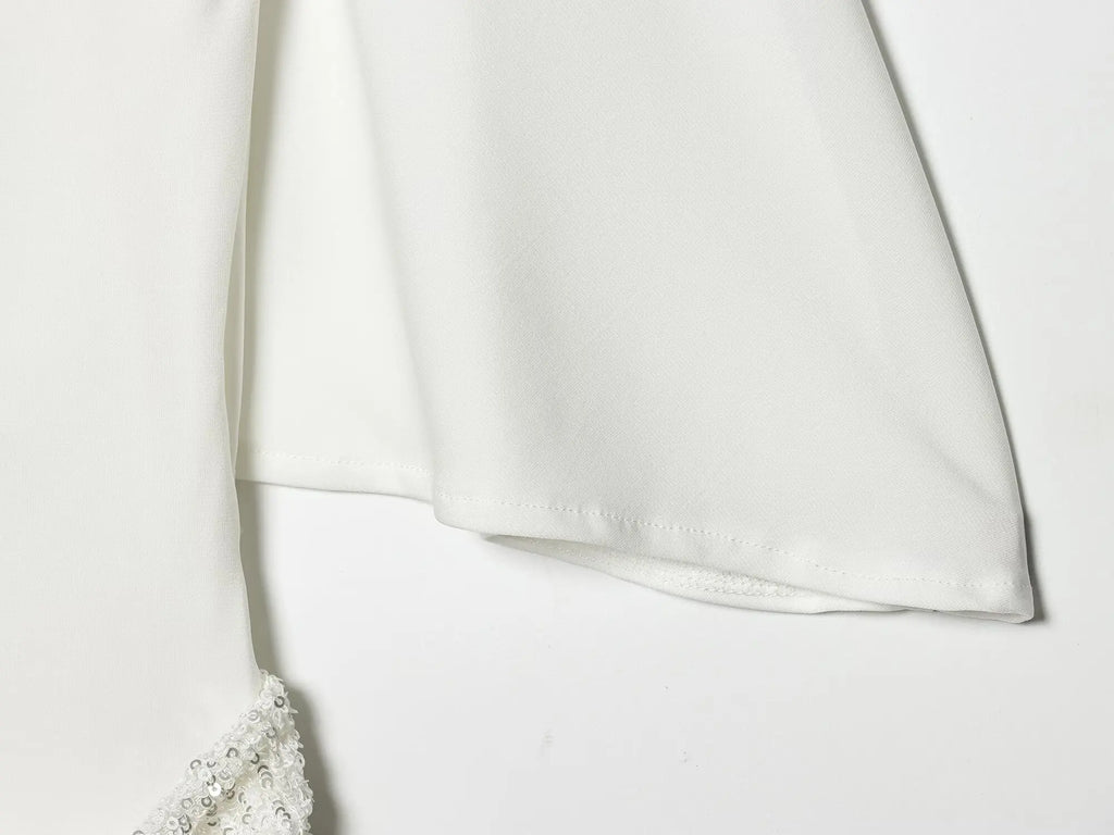 2026 Women Elegant White Short-Sleeved Backless Sequined Splicing Decoration Sexy Short Dress Woman Fashion Party Mini Dress