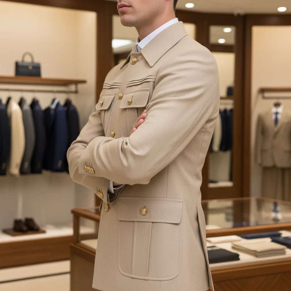 Slim fitting Men's Suit thin version Classic Fit Single Breasted Multiple pockets Solid Color Casual Business