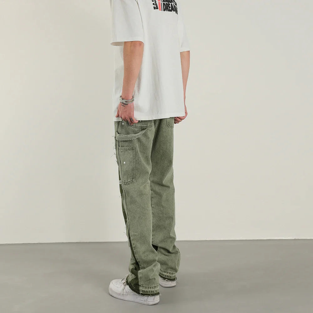 Vintage Distressed Jeans Green Graffiti Men's Flared Denim Jean