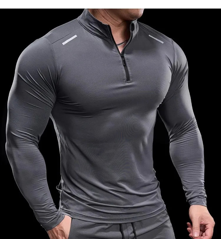 Men Long Sleeve Stand Collar Zipper T-shirt Gym Running Training Fitness Bodybuilding Sport Top Quality Elastic Tight Tops Tees