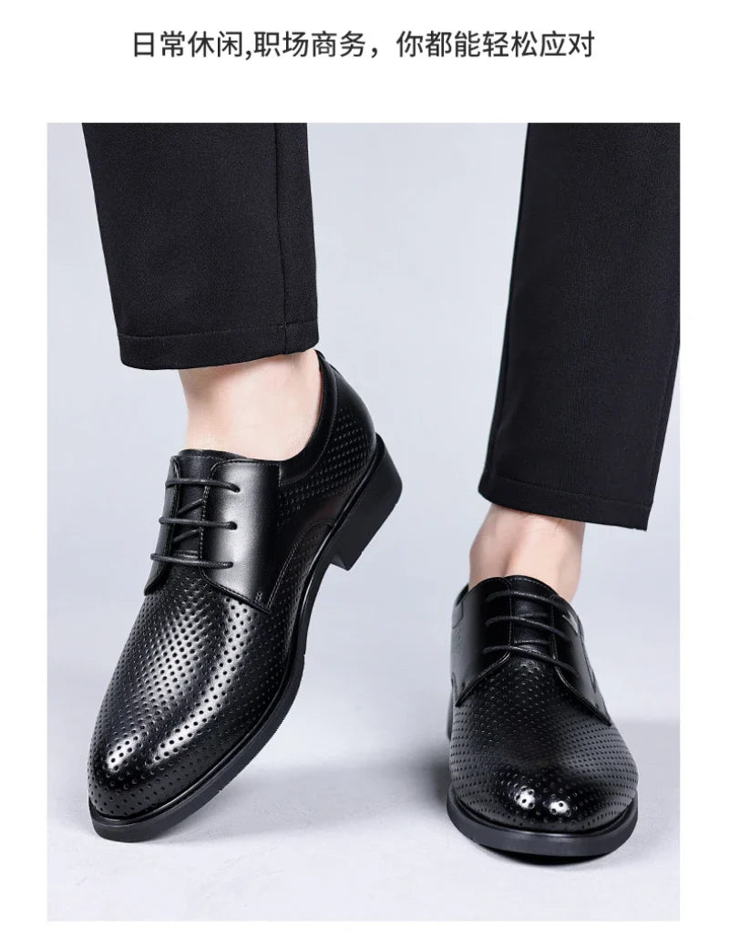 Mens Black Genuine Leather Perforated Metal Decor Lace Up Formal Business Office Breathable Summer Shoes Hollow Stylish Simple