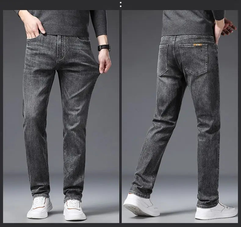 Korean Fashion Men's Soft Stretch Slim Fit Jeans Business Casual Straight Denim Pants Classic Brand Washed Blue Gray Trousers