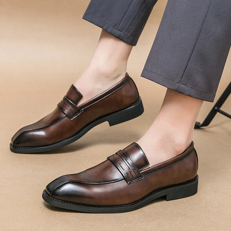 Men's Large Size Thick Bottom Heightening Painted Surface Slip-On Loafers Shoes with Rubber Sole And Ultra Leather Material